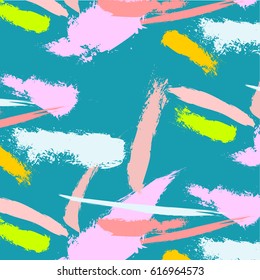 Hand painted brush strokes in turquoise blue, pastel pink and yellow on sea green background. Vector abstract repeating fashion background. Fantasy splash music decoration