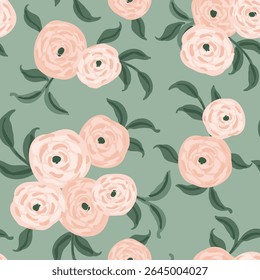 Hand painted bunches of pretty rose forming a minimalist botanical pattern in colors of peach, pink and forest green on sage green background. Floral seamless vector pattern. Great for home decor, etc