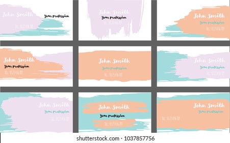 Hand Painted Business Cards Vector Templates. Natural Paint Brush Strokes Cool Banners Set. Creative Modern Grungy Cute Graphic Ads Backgrounds. Hipster Stripes Business Cards Vector Template.