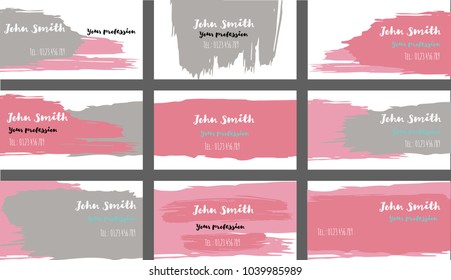 Hand Painted Business Cards Vector Templates. Funky Paint Brush Strokes Cool Banners Set. 