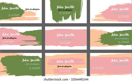 Hand Painted Business Cards Vector Templates. Natural Paint Brush Strokes Cool Banners Set. Creative Modern Grungy Cute Graphic Ads Backgrounds. Elegant Strokes Business Cards Vector Template.