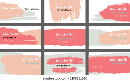 Hand Painted Business Cards Vector Templates. Natural Paint Brush Strokes Cool Banners Set. Creative Modern Grungy Cute Graphic Ads Backgrounds. Funky Strokes Business Cards Vector Template.