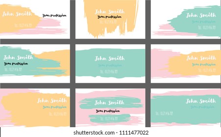 Hand Painted Business Cards Vector Templates. Ink, Oil Paint Brush Strokes VIP Banners Set. Creative Modern Grungy Cute Graphic Ads Backgrounds. Hipster Stripes Business Cards Vector Template.