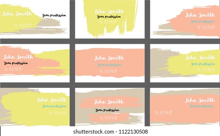 Hand Painted Business Cards Vector Templates. Natural Paint Brush Strokes Cool Banners Set. Creative Modern Grungy Retro Corporate Identity. Funky Strokes Business Cards Vector Template.