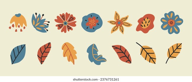 Hand painted cartoon 70s groovy floral sticker composition set. Various retro botanical elements, hand drawn decorative flowers and leaves collection.