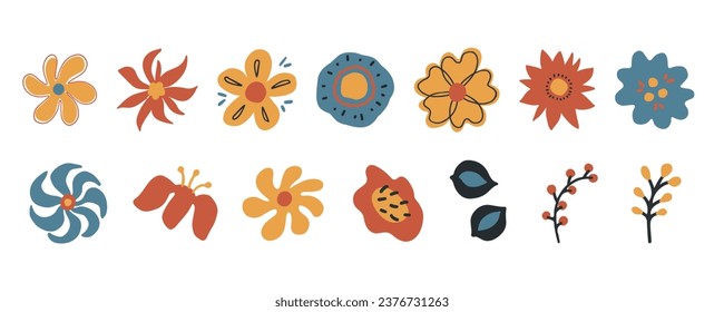 Hand painted cartoon 70s groovy floral sticker composition set. Various retro botanical elements, hand drawn decorative flowers and leaves collection.