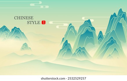 Hand painted Chinese landscape illustration of mountains in mist