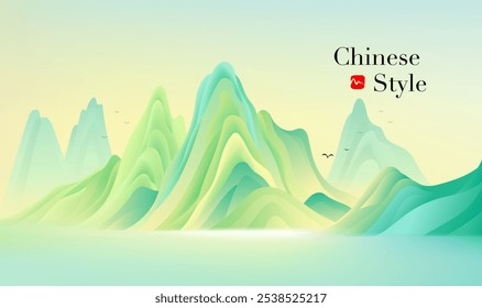 Pintado à mão estilo chinês banner amarelo paisagem verde