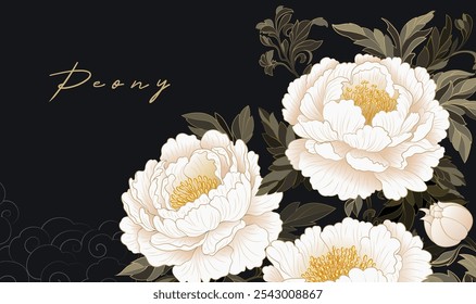 Hand painted Chinese style banner white peonies blooming on a black background
