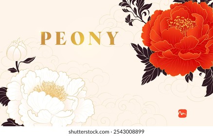 Hand painted Chinese style banner with white and red peony flowers in full bloom