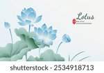 Hand painted Chinese style elegant lotus color illustration on light grey background