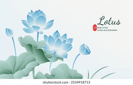 Hand painted Chinese style elegant lotus color illustration on light grey background