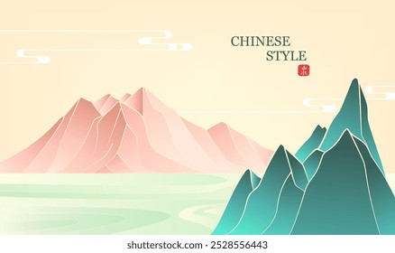 Pintado à mão estilo chinês moda paisagem ilustração turquesa paisagem e montanhas vermelhas