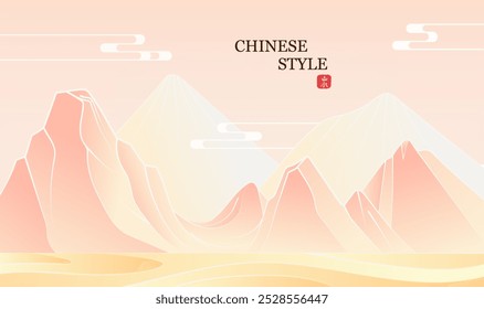 Hand painted Chinese style fashion landscape illustration pink landscape