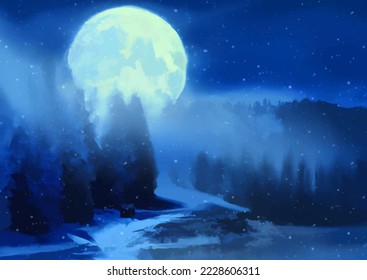 Hand painted christmas winter landscape with a moonlit sky