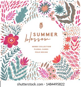 Hand painted circle wreath card with folk ethnic flowers, bright ornamental plants and branches. Spring or summer flowers frame for invitation, wedding or greeting cards