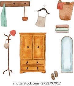 hand painted  closet essentials with, mirror, . hanger, folded clothes, bag, laundt basket illustration vector