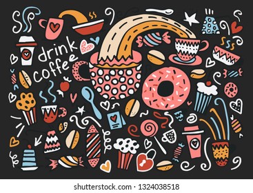 Hand painted coffee time simple isolated objects. Vector doodle abstract art about coffee, milk, make coffee. Perfect for card, postcard, poster, background, restaurant menu, magazine, cover.