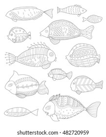 hand painted collection of fish, Page coloring for adults, set of stylized fish, ornamental fish