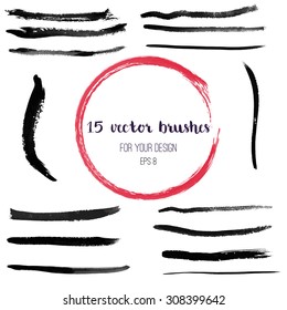 Hand painted collection of vector art brushes. Custom grunge brushes with rough edges. Vector illustration. EPS 8 file. Design elements.