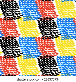 Hand painted color blocked vector seamless pattern with rough texture in bright bold multiple colors white, black, yellow, blue, tomato red for modern textile or hipster fashion
