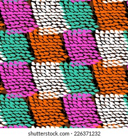 Hand painted color blocked vector seamless pattern with rough texture, ethnic and tribal motifs, square shapes in bright bold multiple colors white, pink, aqua green, orange, brown.