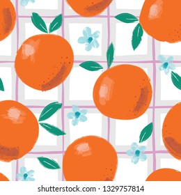 Hand Painted Colorful Abstract Oranges, Flowers and Leaves on Purple and Grey Plaid Background. Summer Citrus Fruits Vector Seamless Pattern. Fresh and Juicy Print.