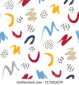 Hand Painted Colorful Brush Strokes on White Background Abstract Vector Seamless Pattern. Creative Manifesto Marks