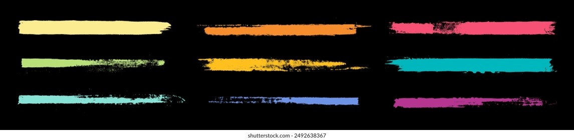Hand painted colorful brushstrokes on black. Kids style straight smears in vector. Textured lines. Rough bright ink brush stroke collection. Set of hand-drawn design elements. Paintbrush effect bg