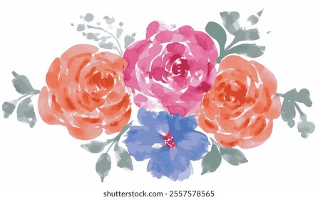  Hand painted colorful floral composition isolated on white background. watercolor flower bunch. set of watercolor roses and tropical leaves. design for wallpaper, invitation, wedding card, fabric.