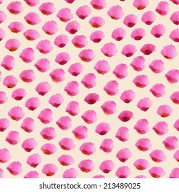 Hand painted colorful watercolor brush strokes seamless pattern. Bright pink paint splash on light beige background. Abstract hand drawn vector design with blots of paint on paper. 