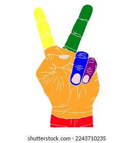 A hand painted in the colors of the LGBT community shows a victory gesture. Hand Drawn. Freehand drawing. Doodle. Sketch. Outline.	