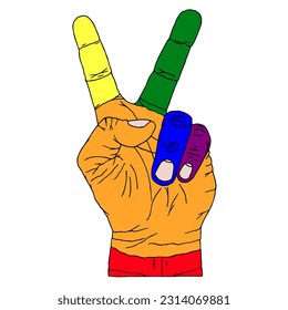 A hand painted in the colors of the LGBT community shows a victory gesture. Hand Drawn. Freehand drawing. Doodle. Sketch. Outline.	