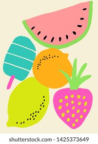 Hand painted composition with colorful ice cream and fruits on cream background.