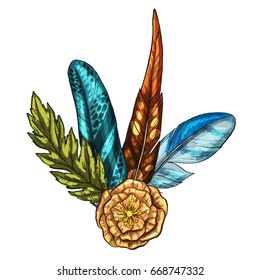 Hand painted composition of feathers, leaf and flower isolated on white background. Art design element, hand drawn. Vector