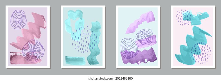 Hand painted contemporary banners vector collection. Watercolor blotches backgrounds. 20s style frames. Stylish banner layouts. Doodle elements.