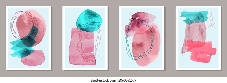 Hand painted contemporary banners vector set. Watercolor smudges collage. 60s style prints. Stylish artwork templates. Brush stroke elements.