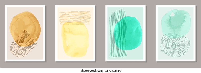 Hand painted contemporary canvas vector set. Watercolor smudges collage. 60s style design. Stylish house decor layouts. Doodle elements.