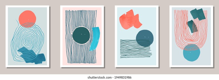 Hand painted contemporary canvas vector set. Watercolor blotches patterns. 60s style prints. Cool house decor layouts. Scribble elements.