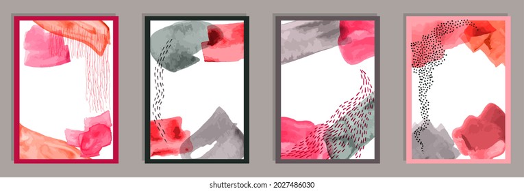 Colección vectorial de lienzo contemporáneo pintado a mano. La acuarela mancha la textura. Impresiones de estilo japonés. Diseño artístico elegante. Elementos Doodle.