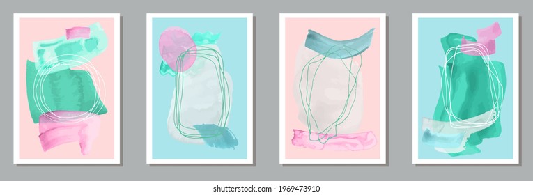Cuadros contemporáneos pintados a mano para la colección vectorial. Collage de frotis de color de agua. Diseño de estilo nórdico. Excelentes plantillas artísticas de portada. Elementos Doodle.