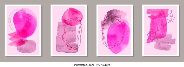 Hand painted contemporary postcards vector set. Watercolor smudges backgrounds. Japanese style design. Cool home decor layouts. Brush stroke elements.
