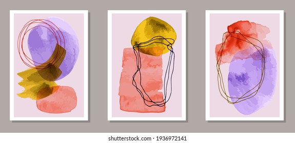 Hand painted contemporary posters vector collection. Watercolor splats collage. Nordic style prints. Cool home decor layouts. Scribble elements.
