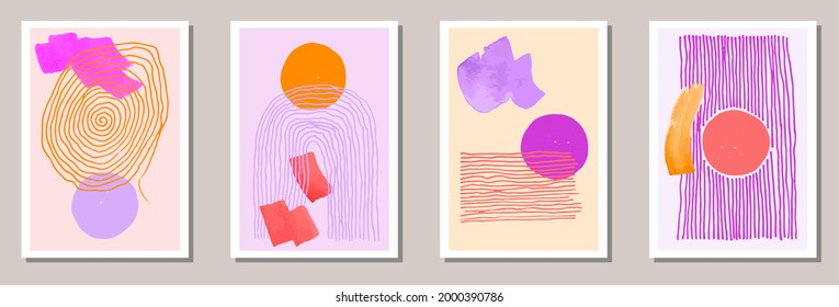 Hand painted contemporary posters vector set. Watercolor stains patterns. Scandinavian style frames. Stylish office poster layouts. Doodle elements.
