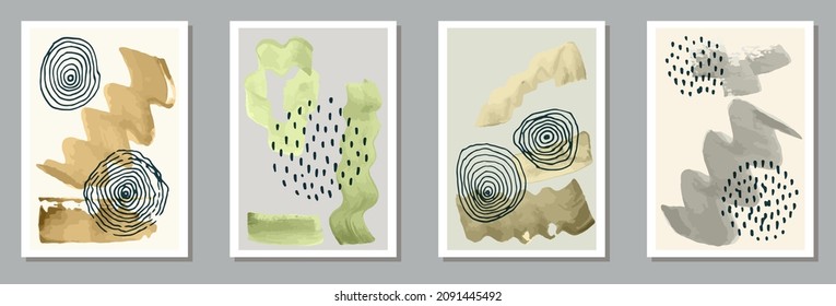 Colección vectorial de afiches contemporáneos pintados a mano. Las acuarelas rompen fondo. marcos de estilo de los años 50. Diseño artístico juvenil de portada. Elementos resquebrajadores.