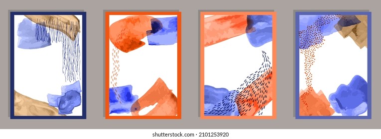Hand painted creative canvas vector collection. Watercolor blotches shapes. 20s style design. Stylish artwork layouts. Scribble elements.