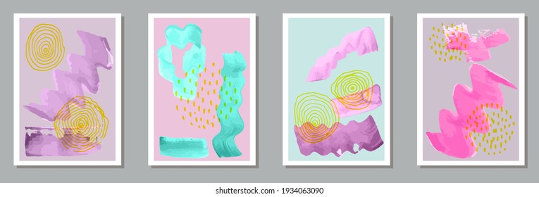 Hand painted creative covers vector set. Watercolor stains texture. Scandinavian style prints. Stylish office poster templates. Scribble elements.