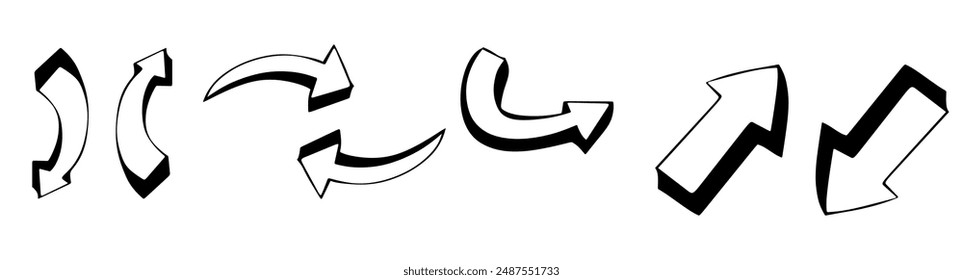 Hand painted curve arrow drawn with ink brush isolated on white background. Victor illustration.
