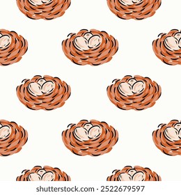 Hand painted cute birds nest with eggs in a color palette of light brown, cream and black on an off-white background. A seamless vector pattern. Great for home decor, fabric, wallpaper, gift wrap.