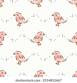 Hand painted cute birds and wavy striped lines in a horizontal pattern in a color palette of red, pink, pastel pink and black on an off-white background. A seamless vector pattern. Great for homedecor